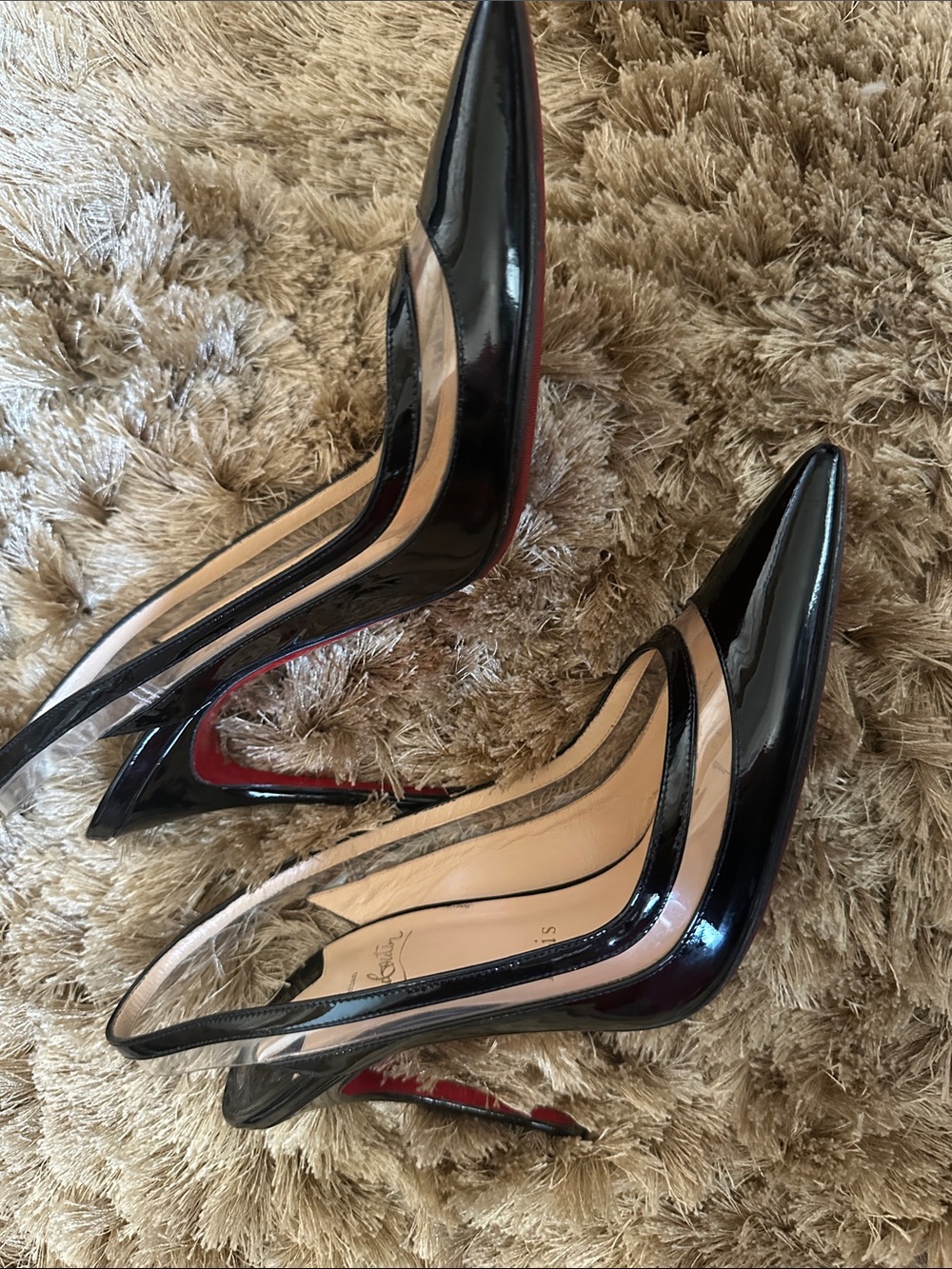 Christian Louboutin Black Patent Pointed-Toe Slingback Pumps with Clear Panels - Picture 2 of 3